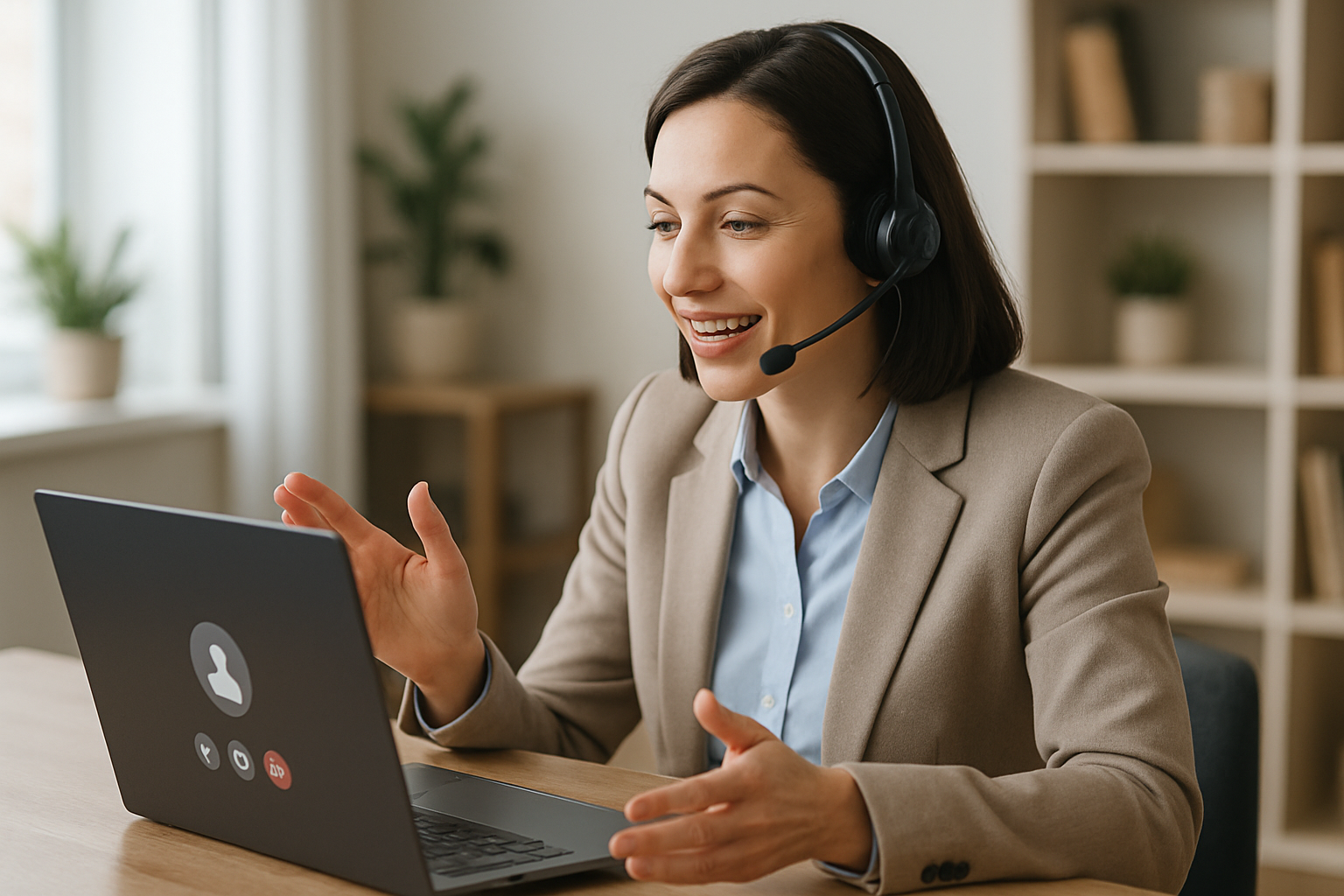 a woman at a table with a computer and headset on talking to the screen