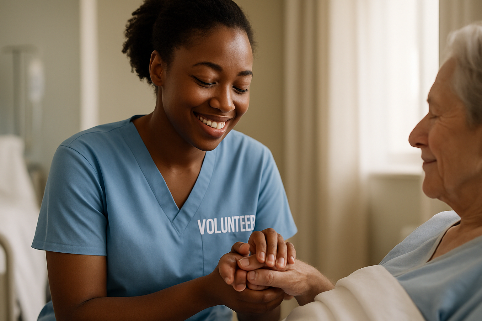 an african american volunteer holding a patient’s hand