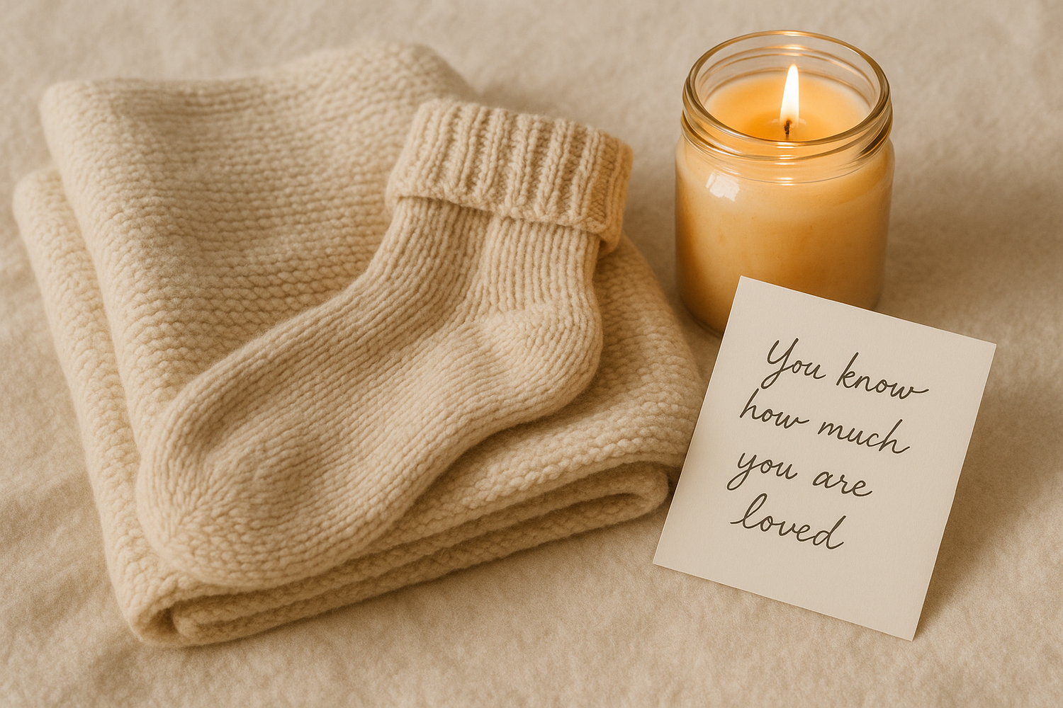 comfort items (blanket, socks, candle, note)