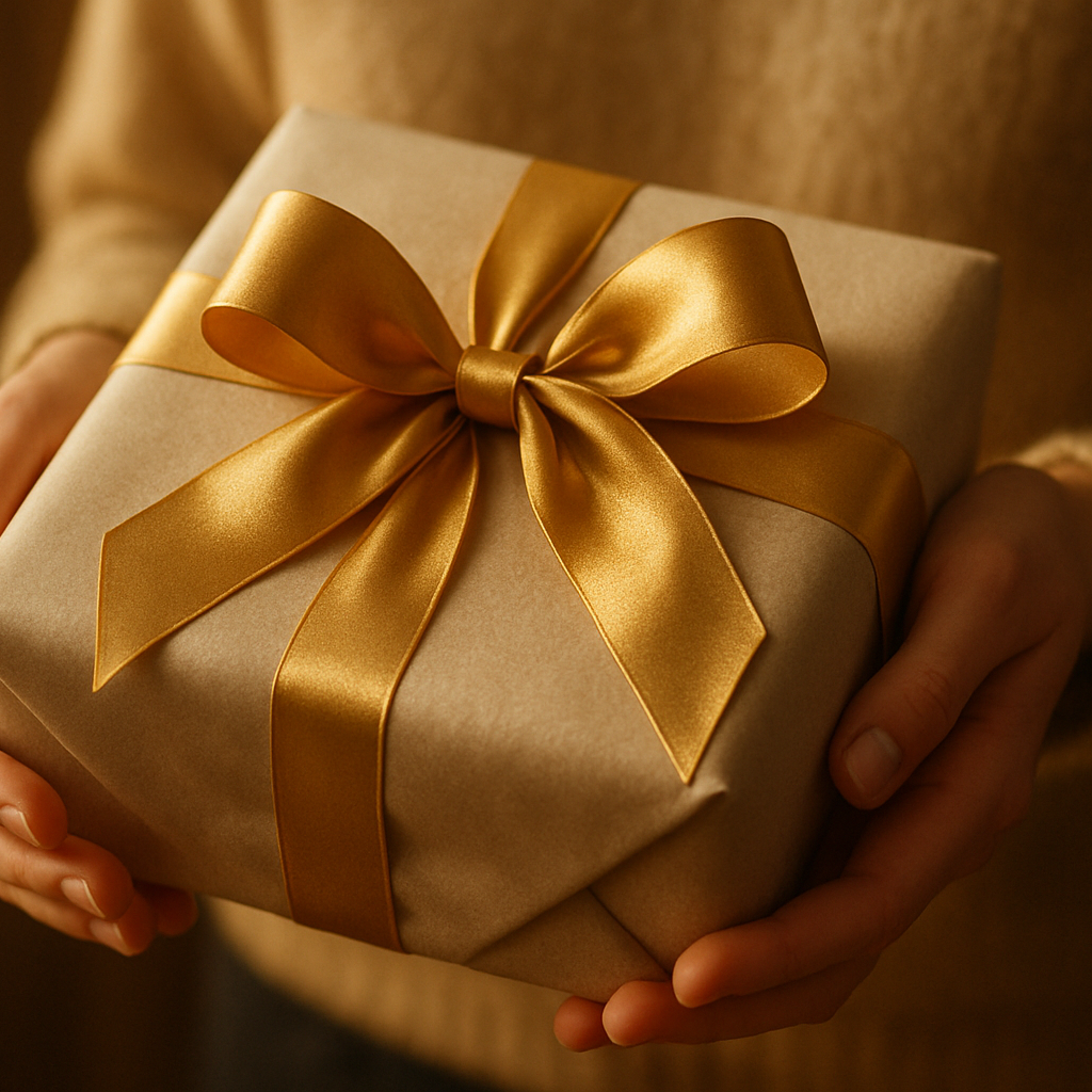 hands holding a wrapped comfort package tied with a golden ribbon