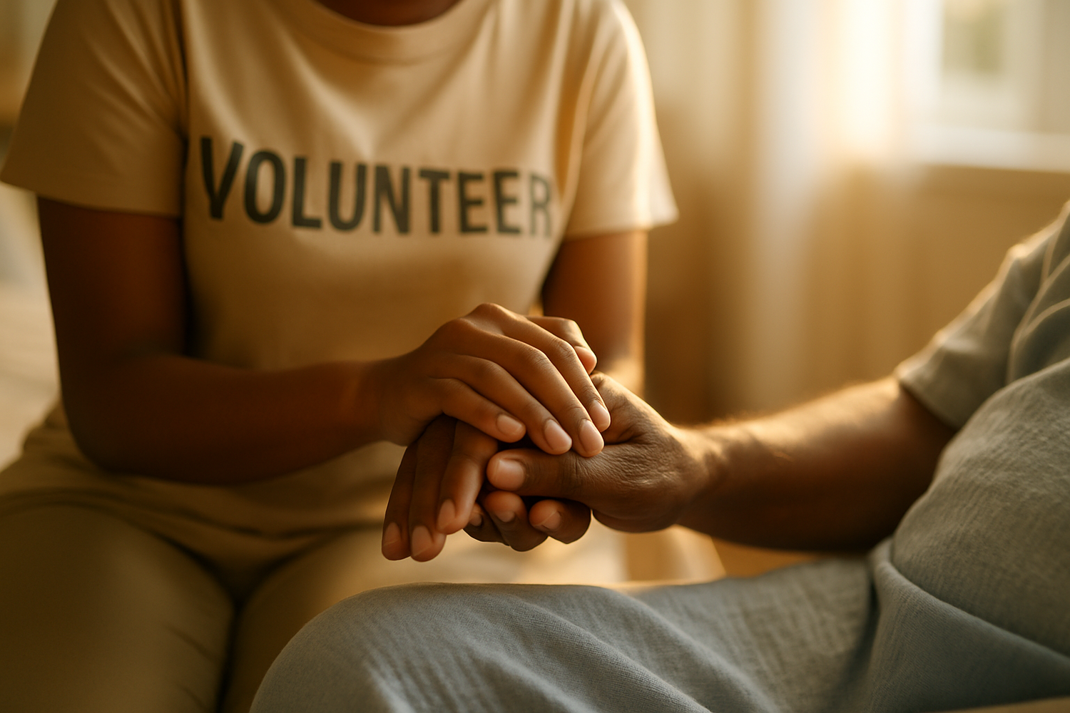 Soft photo of a african american volunteer holding an african american patient’s hand